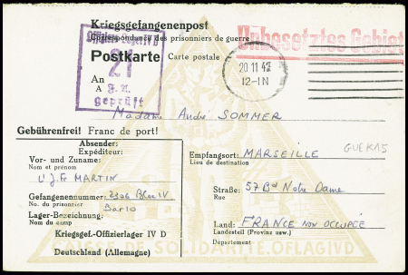 Entier carte postale de la caisse de solidarité de l'OFLAG IVD avec illustration triangulaire jaune obl 1942 (GUE K15). Rare et TB