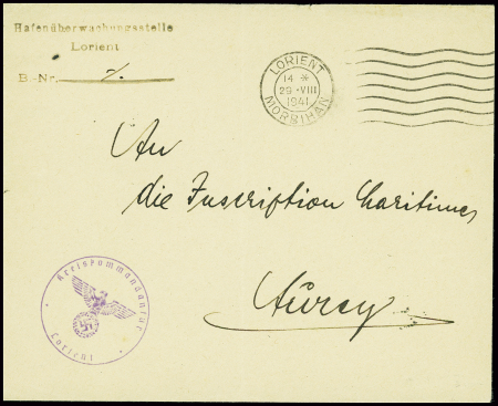 Lettre en franchise avec obl mec de Lorient (1941) + griffe violette "Hafenuberwachungstelle Lorient" et cachet violet avec aigle "Kreiskommandantur Lorient". TB