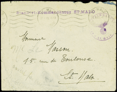 Lettre en franchise avec griffe violette "Standort Kommandantur St Malo" (1943). Rare et TB