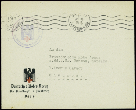 Lettre en franchise avec en tête illustrée et cachet violet avec aigle "Deutsches Rotes Kreuz Der Beauftragte in Frankreich Paris" obl Paris (1942). TB