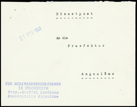 Lettre en franchise avec griffe bleue "Der militaer-Befehlshaber in Frankreich Prop. Staffel Bordeaux Aussentelle Angoulême" (1941). TB