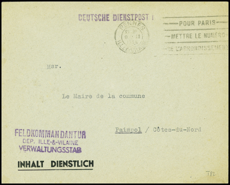 Lettre en franchise avec obl mec de Rennes + mention imprimée "Inhalt Dienstlich" et griffe violette "Feldkommandantur dep Ille & Vilaine verwaltungstab". TB