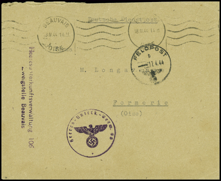 Lettre en franchise avec obl mec de Beauvais Oise (1944) + cachet violet avec aigle et griffe violette "Heeresunterkunftsverwaltung 106 Zweigstelle Beauvais". TB