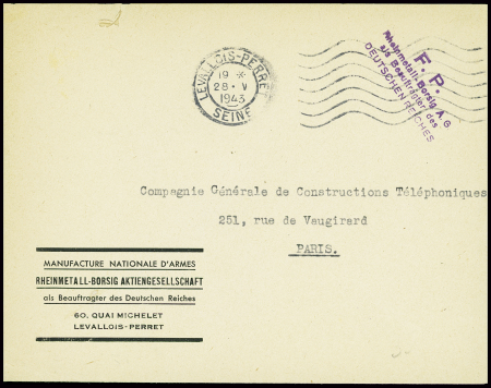 Lettre en franchise avec en-tête bilingue "Manufacture nationale d'armes Rheinmetall-Borsig Aktiengesellschaft 80 quai Michelet Levallois Perret" (1943). TB