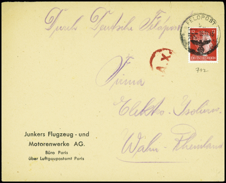 Allemagne n°712 obl CAD "Feldpost" (1943) sur lettre avec mention imprimée "Junkers Flugzeug und Motorenwerke ag. Büro Paris u¨ber Luftgaupostamt Paris". TB