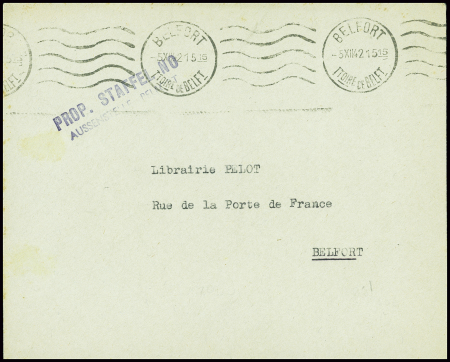 Lettre en franchise avec obl mec de Belfort (1942) et griffe noire "Prop, Staffel no aussenstelle Belfort". TB