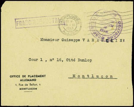 Devant de lettre avec obl mec Montluçon Allier (1943) + mention imprimée "Office de placement allemand 4 rue de Belfort, 4 Montluçon" et cachet violet "Deutsche werbestelle - Montluçon - office de placement allemand"