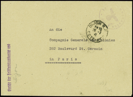 Lettre en franchise avec CAD "Dijon RP Cote d'Or" (1941) + griffe violette "Gericht der feldkommandantur 669". TB
