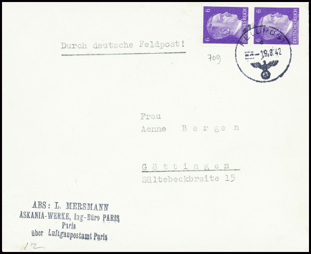 Allemagne n°709en paire obl CAD "Feldpost" (19.8.42) sur lettre avec griffe d'expéditeur "Abs. Mersmann Askania-Werke Ing-Buro paris über Luftgaupostamt Paris". Paris". TB
