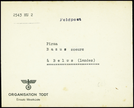 Lettre en franchise adressée à Belus (Landes) avec mention imprimée ornée d'un aigle et d'une croix gammée "Organisation Todt Eisatz Westkuste". TB