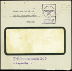 Env. à fenêtre en franchise avec cachet rect avec aigle "Wehrmacht dienstpost" et griffe violette "Feldkommandantur 505 La Roche sur Yon". Rare et TB