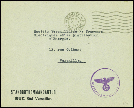 Lettre en franchise avec obl mec de Versailles RP (1942) avec mention imprimée "Standortkommandantur Buc Sud Versailles" et cachet violet avec aigle "Standortkommandantur Buc". TB