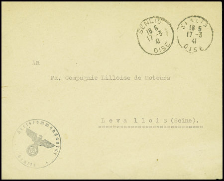 Lettre en franchise avec daguin jumelé "Senlis Oise" (1941) + cachet noir avec aigle "Standortkommandantur Senlis"