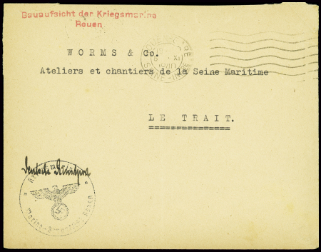 Lettre en franchise avec obl mec de Rouen gare (1941) + griffe rouge "Bauaufsicht der Kriegsmarine Marine Rouen". TB