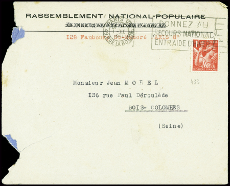 N°433obl mec "Paris VIII 49 R. la Boétie" (1.3.41) sur lettre à en-tête du Rassemblement National Populaire" (mal ouverte à gauche) avec correspondance demandant à un adhérent de revenir sur sa décision de démissionner à