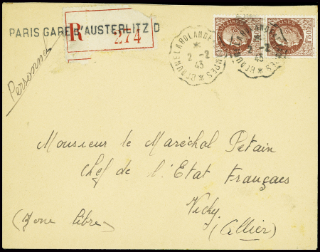 N°517 en paire obl CAD convoyeur ligne "Beaune la Rolande à Etampes" (1943) sur lettre pour le maréchal Pétain avec griffe de recommandation d'office "Paris gare d'Austerlitz D". TB
