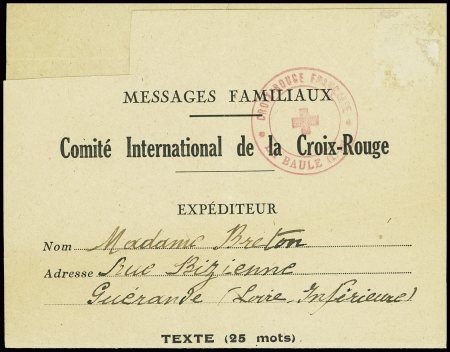 Message du Comité international de la Croix Rouge expédié de Guérande (poche de Saint Nazaire) pour Le Mans (sept 1944) avec cachet rouge "Croix Rouge française La Baule (LI)". TB