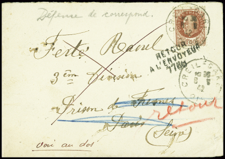 N°517 obl Creil-gare Oise (1942) sur lettre pour un interné à la prison de Fresnes avec au verso mention manuscrite "lettre rendue par l'autorité allemande". TB