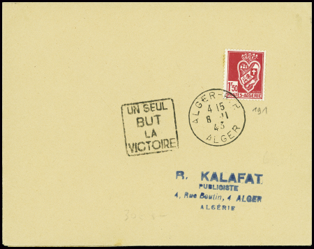 2 lettres AFF Algérie n°191 obl Alger RP et Sidi Bel Abbes (1943) + Daguin "Un seul but la Victoire". TB