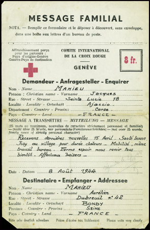 Message Croix-Rouge 8FR d'Ajaccio (Corse Libérée) pour Bondy. TB