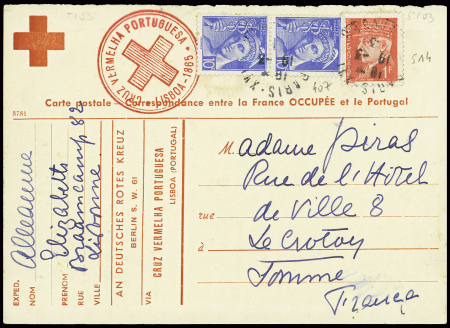 N°407 en paire + 514 obl Paris XVI (1943) sur carte Croix-Rouge pour la correspondance entre la France occupée et le Portugal adressée au Crotoy (Somme) avec cachet rouge "Cruz Vermelha Portuguesa Lisboa 1865". Rare et T