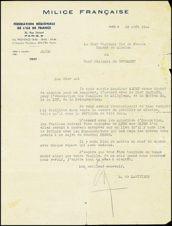 Document (froissures à droite) avec en-tête délégation régionale de l'Ile de France 20 rue Drouot" concernant M. Senet chargé de mission pour suppléer A. de Larivière "d'accord avec le chef Darnand pour l'évacuation des 