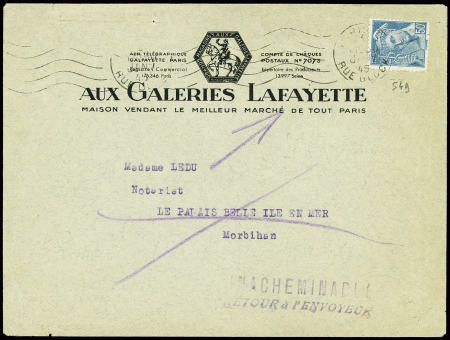 N°549 obl Paris (janv 1945) pour belle Ile en Mer (Morbihan) avec griffe "Inacheminable retour à l'envoyeur". TB