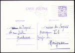 Entier carte postale 1F20 Iris violet obl Bordeaux RP (5.12.44) adressée à un collaborateur interné au camp de Mérignac avec au verso cachet noir "Commissariat de police C. de Mérignac - censure". TB