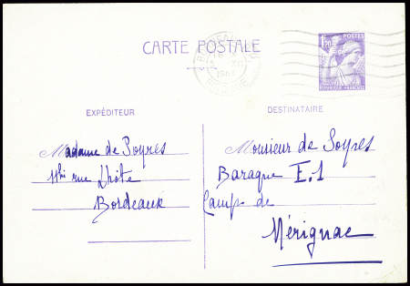 Entier carte postale 1F20 Iris violet obl Bordeaux RP (5.12.44) adressée à un collaborateur interné au camp de Mérignac avec au verso cachet noir "Commissariat de police C. de Mérignac - censure". TB