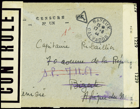 Lettre de Bayeux (17.8.44) avec rare censure linéaire "Censure n° UN" + bande "contrôlé" et censure anglaise . TB