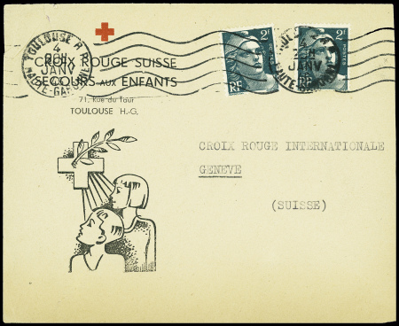 N°713 obl Toulouse RP (janv 46) sur env à en-tête illustrée "Croix-Rouge suisse secours aux enfants 71 rue du Taur Toulouse HG". TB