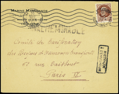 N°517 obl mec "Le Havre Seine Inférieure" (10.6.44) sur lettre pour Paris avec grande griffe noire "Inacheminable" et griffe encadrée "Retour à l'envoyeur" (débarquement de Normandie). TB