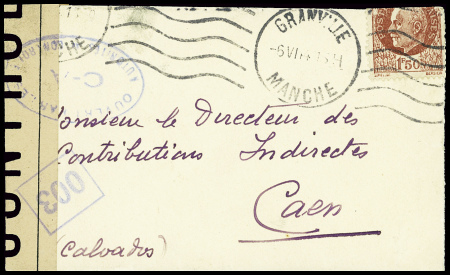 N°517, replié, obl Granville (6.6.44 - jour du débarquement) sur une petite lettre pour Caen avec cachet ovale bleue "Ouvert par les autorités de contrôle CA". TB