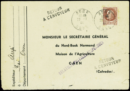 N°517 obl Aube Orne (22.7.44) sur lettre pour Caen avec griffe violette "Relations postales suspendues" et griffe noire idem. TB