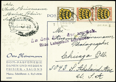 Allemagne occupation française obl Mainz (1946) sur carte postale avec cachet ovale noir "ouvert par les autorités de contrôle" et griffe violette "An den absender Zuruck Bitte Lateinisch schreiben" (prière d'écrire en c