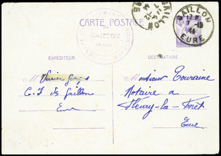 Entier carte postale 1F20 Iris violet obl Gaillon Eure (dec 44) écrite par un collaborateur interné avec cachet violet "Centre d'internement administratif de Gaillon (Eure)". TB