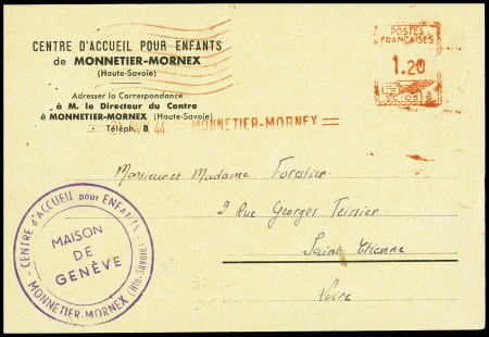 Carte postale  avec en-tête et cachet violet "Centre d'accueil pour enfants maison de Genève Monnetier Mornex (Hte Savoie)" (avril 1944). TB