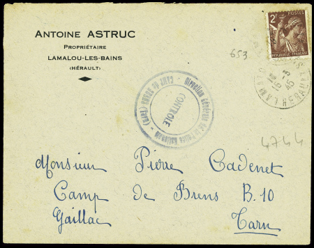 N°653 obl Lamalou Hérault (1945) sur lettre pour un collaborateurt interné avec cachet noir "Direction générale de la police nationale - contrôle - Camp de Brens (Tarn). Rare et TB