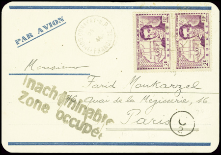 Guinée n°549 obl Conakry RP (1941) sur carte pour paris avec grande griffe noire "Inacheminable zone occupée". TB