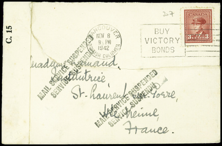 Canada n°207 obl Vancouver (8.11.42) sur lettre censurée pour Saint Laurent sur Porre Hte Vienne avec griffe noire "Mail service suspended service suspendu". TB
