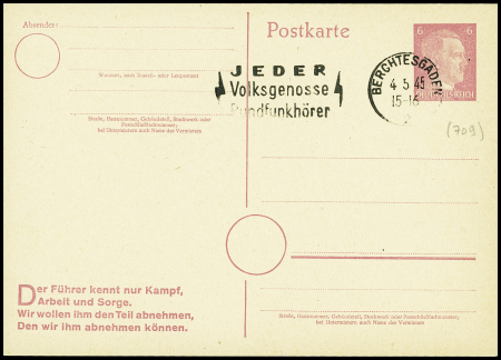 Entier carte postale Allemagne n°709 obl Berchtesgaden (4.5.45 - prise du nid d'aigle d'Hitler par les Français et les Américains). N'a pas voyagé. TB