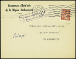 N°652, 1F50 Iris obl Lille(20.10.44) sur lettre à en-tête "Groupement d'Entr'aide de la région Dunkerquoise et cachet violet "Bureaux repliés à Lille 15 rue des Fossés" (poche de Dunkerque). TB