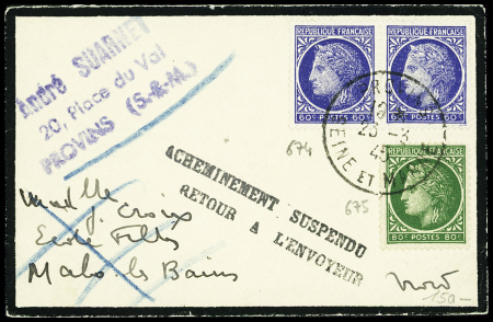 N°674 en paire + 675 obl Provins (26.3.45) sur petite env de deuil pour Malo les Bains Nord avec griffe noire "acheminement suspendu retour à l'envoyeur". TB