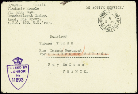 Lettre en franchise avec CAD "CSPP Czechoslovak field post" (5.7.1945 - troupes tchèques assiégeant la poche de Dunkerque) et censure anglaise. TB
