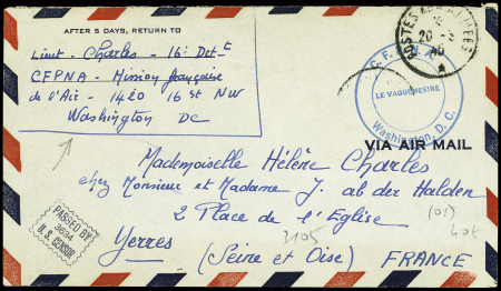 Lettre en franchise d'un élève aviateur français avec CAD "Postes aux armées" (25.3.45) + cachet bleu "CFPNA Washington DC le vaguemestre". TB