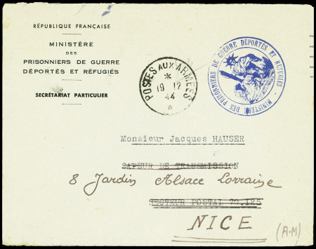 Lettre en franchise avec CAD Poste aux armées (19.12.44) avec en-tête + cachet bleu avec déesse assise "Ministère des prisonniers de guerre, déportés et réfugiés". TB