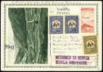 Vénézuéla n°181 en paire + 182 sur entier carte postale 10c rose obl Caracas (sept 1944) pour Marcilly les Buxy (Saône et Loire) avec griffe violette "Returned to sender service suspended" et au verso cachet rect rouge "
