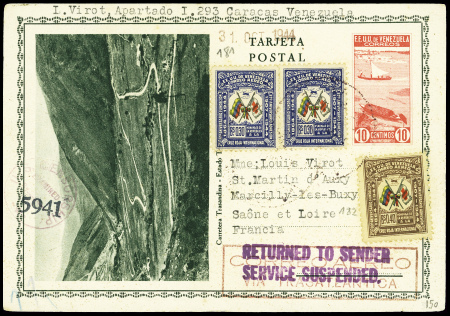 Vénézuéla n°181 en paire + 182 sur entier carte postale 10c rose obl Caracas (sept 1944) pour Marcilly les Buxy (Saône et Loire) avec griffe violette "Returned to sender service suspended" et au verso cachet rect rouge "