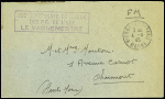 Lettre en franchise avec CAD "Vienne le Château Marne" (4.8.45) + cachet rect violet "302e compagnie de garde des PG de l'axe "le vaguemestre". TB