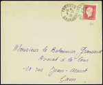 N°691, 1F50 Dulac, obl Touques Calvados (9.2.45) sur lettre avec au verso cachet noir avec petite Croix de Lorraine "Commissariat à l'intérieur centre de séjour surveillé Bonneville s/Touques (Calvados) RF" (collaborateu